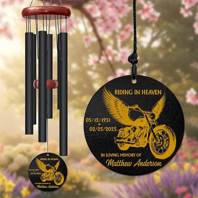 Personalized Motorcycle Memorial Wind Chime – “Riding in Heaven” Custom Name & Dates – Angel Wings Biker Tribute Gift – Outdoor Sympathy Windchime for Loss of Loved One – Memorial Garden Décor