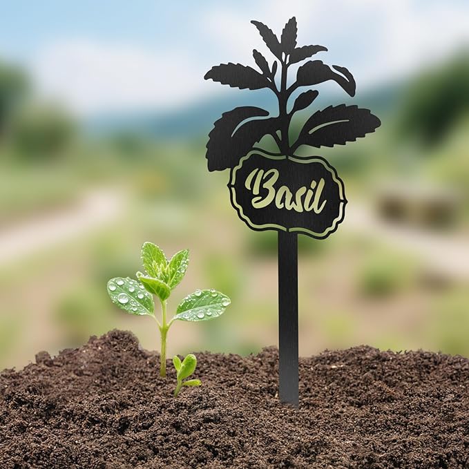 CUTHOLLOW Metal Plant Marker Stake Basil for Outdoor Indoor, Waterproof 11.8 inch Cute Garden Plant Labels Sign Tag for Vegetables, Farmhouse Greenhouse Decor - Funny Gardening Gifts