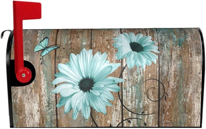 Rustic Daisy Board Mailbox Cover Magnetic, Teal Sunflowers Vintage Wood Grain Plank Mailbox Wrap Letter Post Box Cover for Yard Garden Outside Home Decor, Large Size 25.5x21 Inch