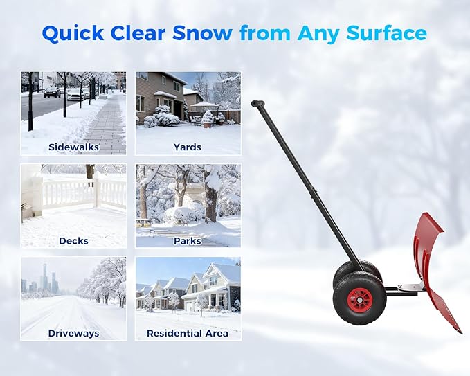 Garvee 29" Snow Pusher Shovel with Wheels,Heavy Duty Steel Snow Shovel with Wheels,Angled Blade Efficient Snow Removal With5-Position Angled Blade & Adjustable Handle for Doorway, Sidewalk, Red