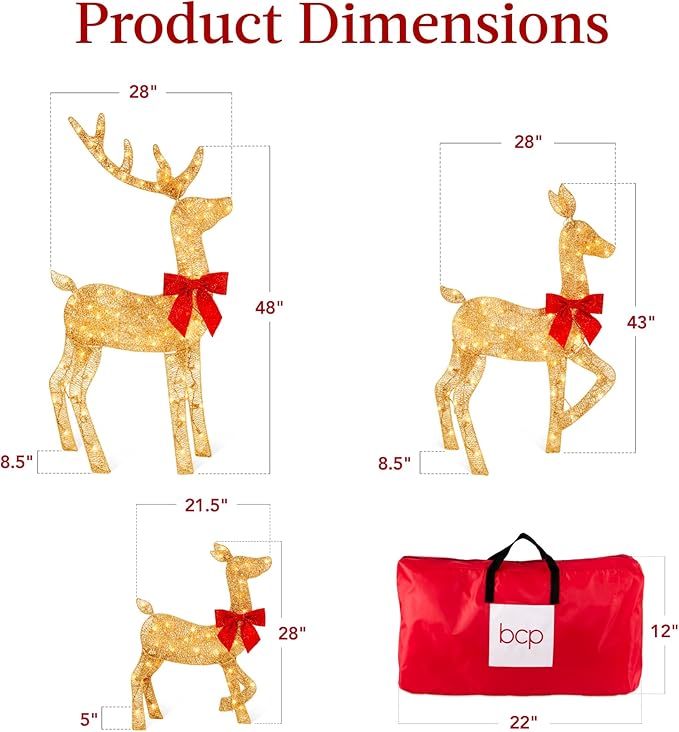 Best Choice Products 4ft 3-Piece 2D Lighted Christmas Deer Family Set, Large Outdoor Yard Reindeer Holiday Decoration with 175 LED Lights, Stakes, Zip Ties - Gold