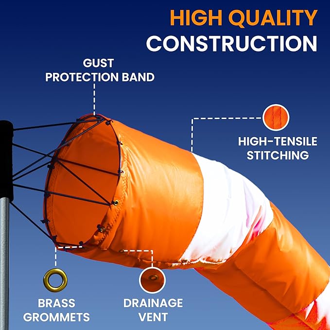 18"x72" Airport Windsock | Heavy Duty, All Weather, Waterproof, UV Fade Resistant, High Vis Fluorescent, Quad Stitched, Zip Ties Included, for Industrial, Ranch, and Agricultural Use | Orange & White