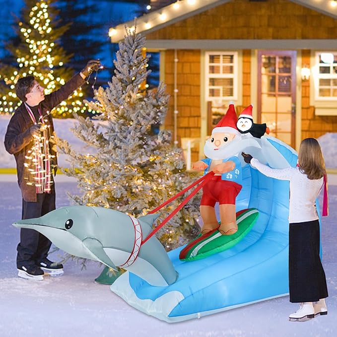 Vipush 7.5 FT Christmas Inflatable Decorations Santa Claus Surfing Christmas Decorations Outdoor Inflatable with LED Light, Outdoor Holiday Decor Blow Up Yard Decor