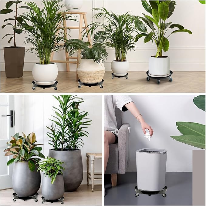 3 Pack Metal Plant Caddy With Wheels 14 Inch Black, Round Rolling Heavy Duty Plant Dolly, Heavy Plant Pot Mover Outdoors or Indoors, The Metal Wheel Can Rotate 360 Degrees or Lockable.