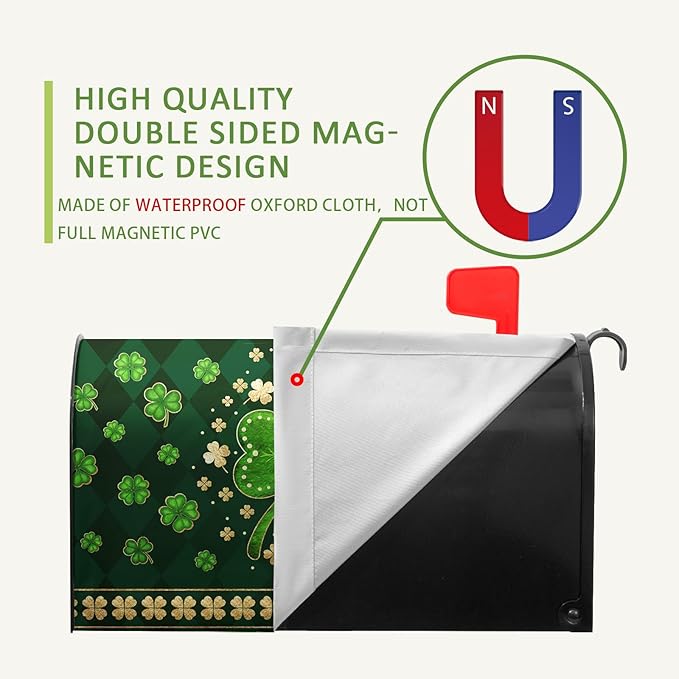 St Patrick's Day Mailbox Cover Magnetic Standard Size 18 X 21 Inch Green Shamrock Clovers Magnetic Mailbox Covers Spring Post Letter Box Cover Wraps for Outside Garden Decor