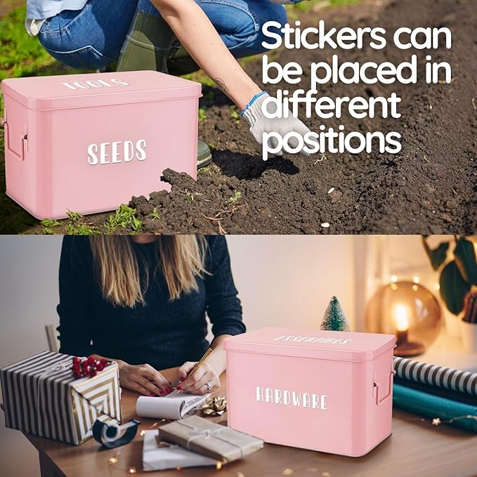 Flexzion Tin Storage Box with Removable Tray, 13 Inch Seed Organizer Box and Metal Seed Holder Organizer with Hinged Lid, Toolbox Container for Crafts, Hardware, Tools, Essentials, Pink