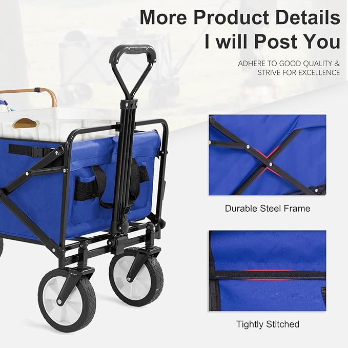 PayLessHere | Collapsible Wagon Cart with Wheels | Blue | Heavy Duty Foldable Utility Cart with 330 lb Capacity | with All-Terrain Wheels & Adjustable Handle for Outdoor, Garden, Beach, Shopping