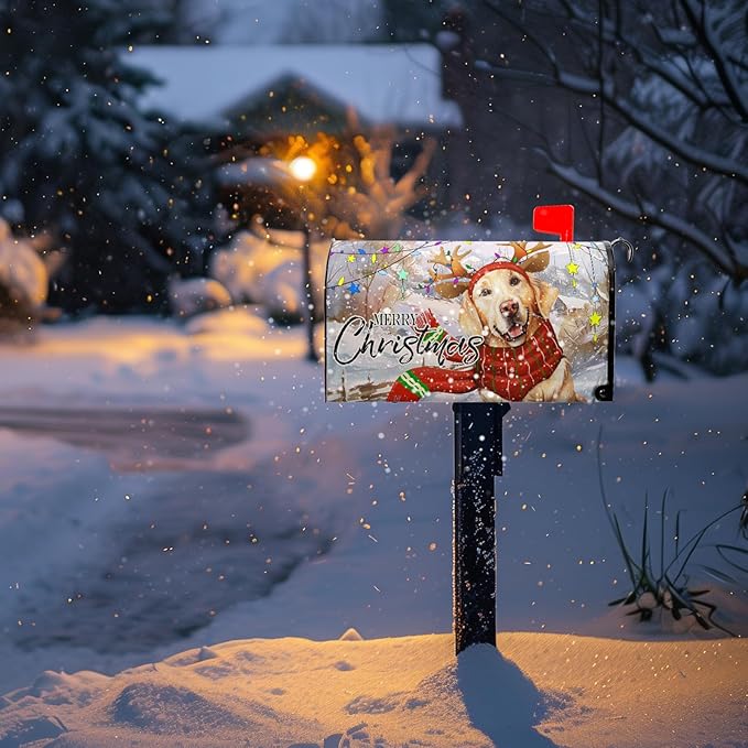 Merry Christmas Mailbox Cover Xmas Dog Oversized Post Letter Box Covers New Year Golden Retriever Magnetic Waterproof Mail Wraps for Winter Framhouse Outdoor Decor Large Size 21 * 25.5 Inch