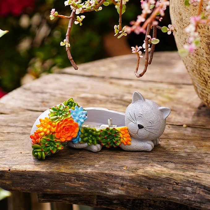 Outdoor Cat Key Hider Statue - Cute Succulent Hide a Key Outdoor Decorative - Small Gift Box for Women, Home Decor & Cat Gifts