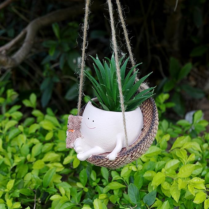 Swing Face Planter Pot Hanging Resin Flower Head Planters for Indoor Outdoor Plants Succulent Pots with Bear Gift Ideas for Mother, Christmas