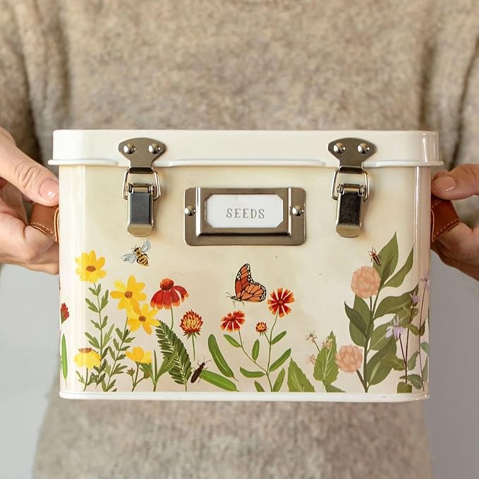 1Canoe2 Wildflower Botanicals Tin Seed Organizer Storage Box, Garden Seed Packet Vault Container, Gardening Supplies, Greenhouse Accessories, Gardening Gifts for Women