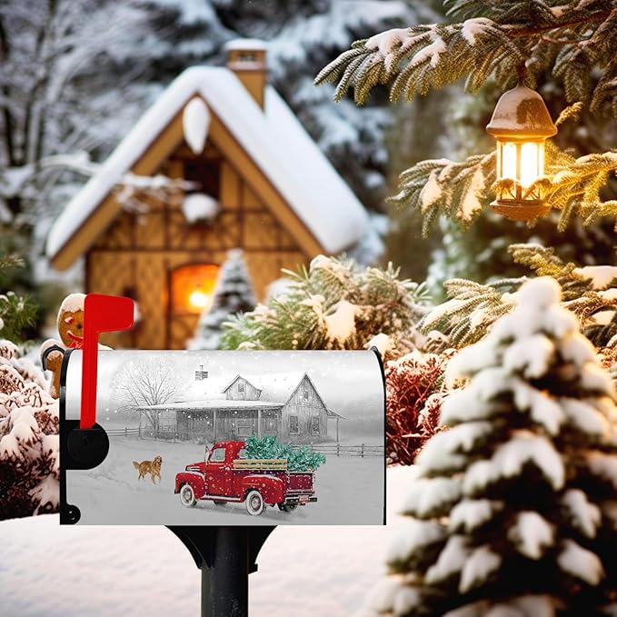 Winter Mailbox Cover Red Truck Snowflake Mailbox Wrap with Magnetic Strip Christmas Dog Snowy Letter Post Box Cover Decoration Welcome Home Outdoor Standard Size 21" Lx 18" W