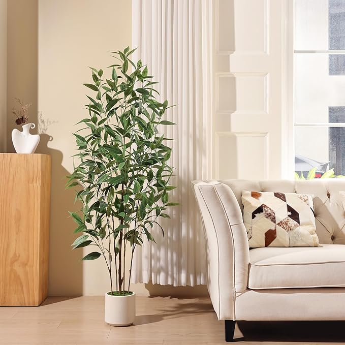 Artificial Eucalyptus Tree,5FT UV Resistant Fake Outdoor Plants,Artificial Plants Indoor with White Planter,Silk Leaves,Faux Tree for Home Decor Floor Porch Liveing Room