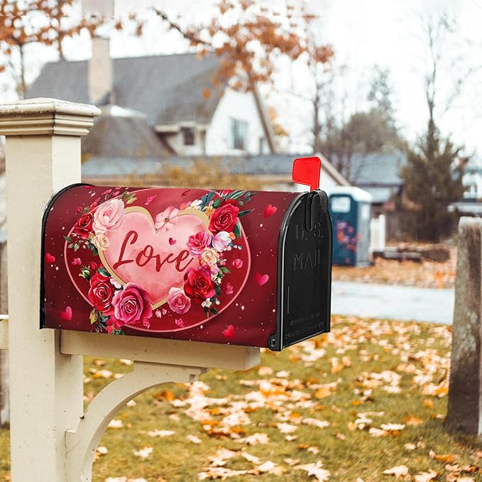 Valentine's Day Mailbox Covers Magnetic Standard Size 18 X 21 Inch Red Love Hearts Magnetic Mailbox Cover Floral Mailbox Wraps Post Box Cover Decoration Outdoor Garden Home Yard Outside