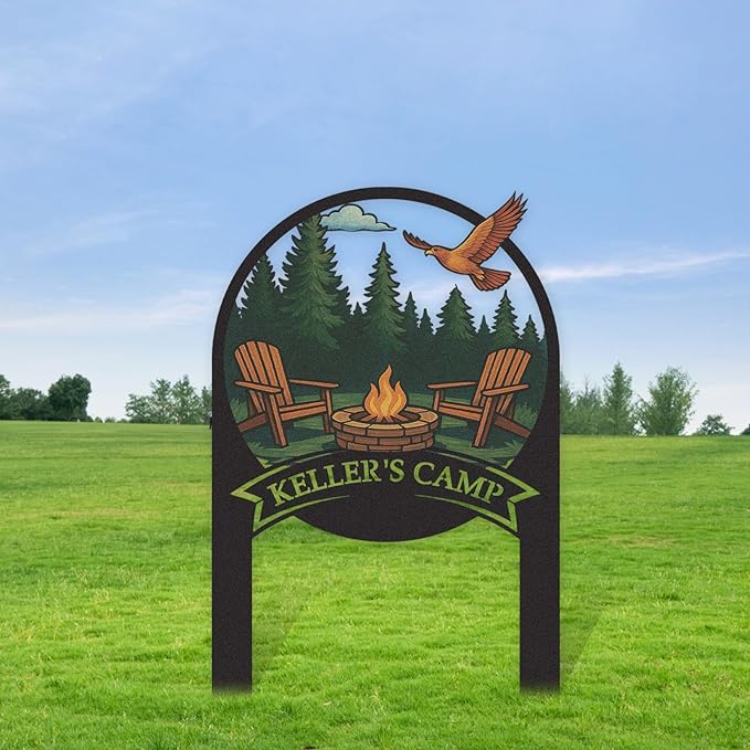 Personalized Camping Signs, Colorful Camping Decor for Outside, Customized Camp Name Sign with Stakes, Custom Signs Outdoor Metal, Metal Yard Art, Patio Decor, Gifts for Campers Color08