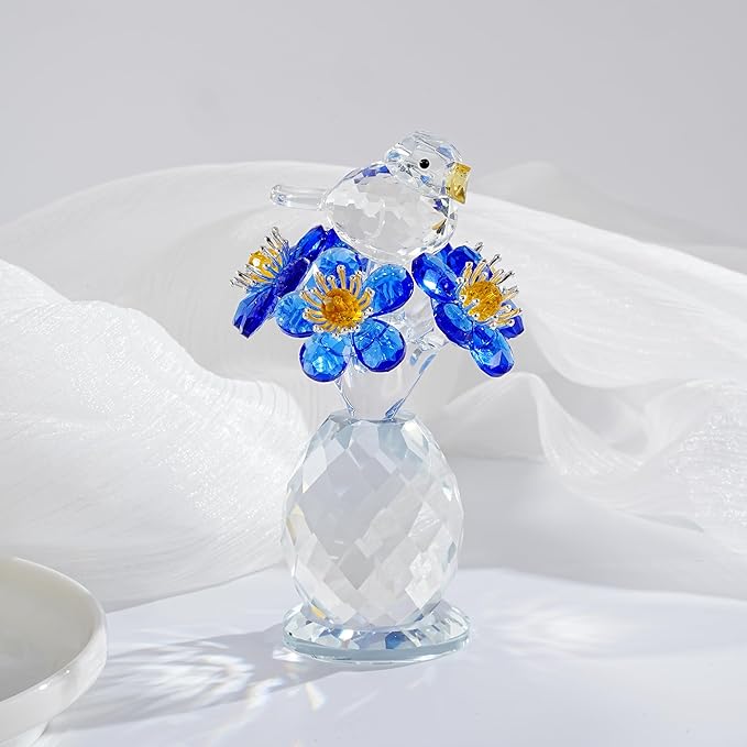 Crystal Bird & Forget-Me-Not Flower Figurine,3x4 inch Glass Flower Collectible Ornaments for Home Decor Table Centerpiece Glass Bouquet Flowers Keepsake Gifts for Women (Blue)