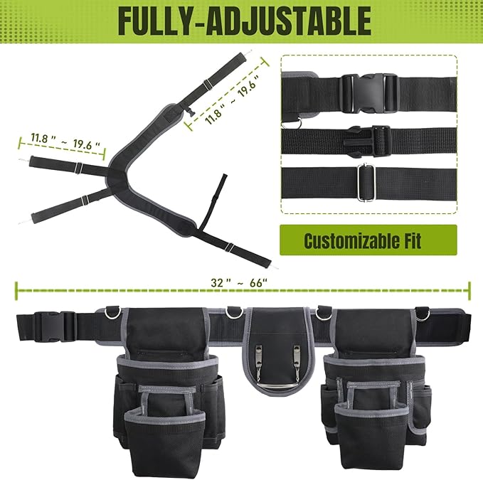Tool Belt, Tool Belts for Men, 32 to 66 Inches Adjustable Waist, Electrician and Carpenter Tool Belt with Suspenders for Construction and Gardening, Black and Grey