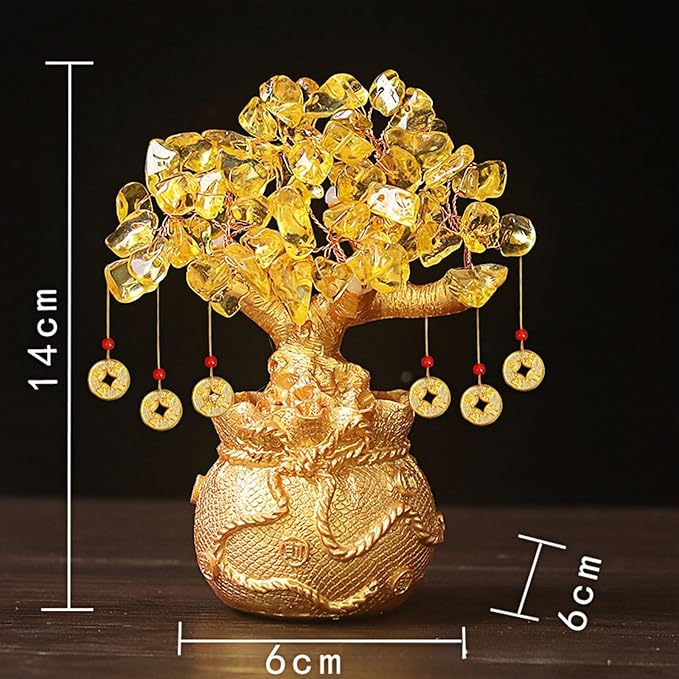 Rose Quartz Money Tree – Feng Shui Love & Wealth Golden Bag Bonsai Lucky Gemstone Home Office Decor (14cm Height)