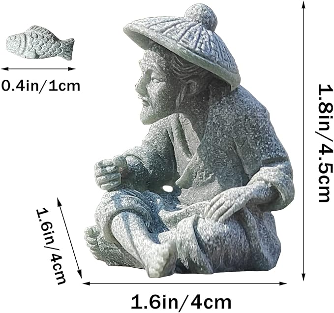 livelyfish Mini Fisherman Statue Asian Zen Decoration Sitting Fishing Figurines Sandstone Vintage Ornament for Aquarium Fish Tank Pot Garden Home Japanese Decor (A)