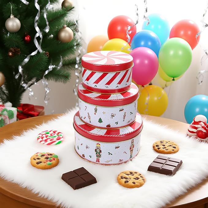 Christmas Cookie Tin Set of 3 Decorative Metal Storage Tin Boxes with Lids for Home Decor Memory Boxes for Keepsakes and Photos(WhiteRed)