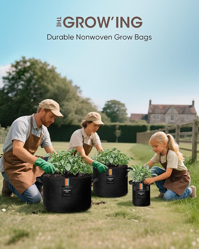 The Growing 5 Pack 1 Gallon Fabric Grow Bags,Thickened Aeration Nonwoven Fabric Plant Pots with Durable Handles,Heavy Duty 300G Planter Pot for Tomato, Fruits, Vegetables and Flowers, Black