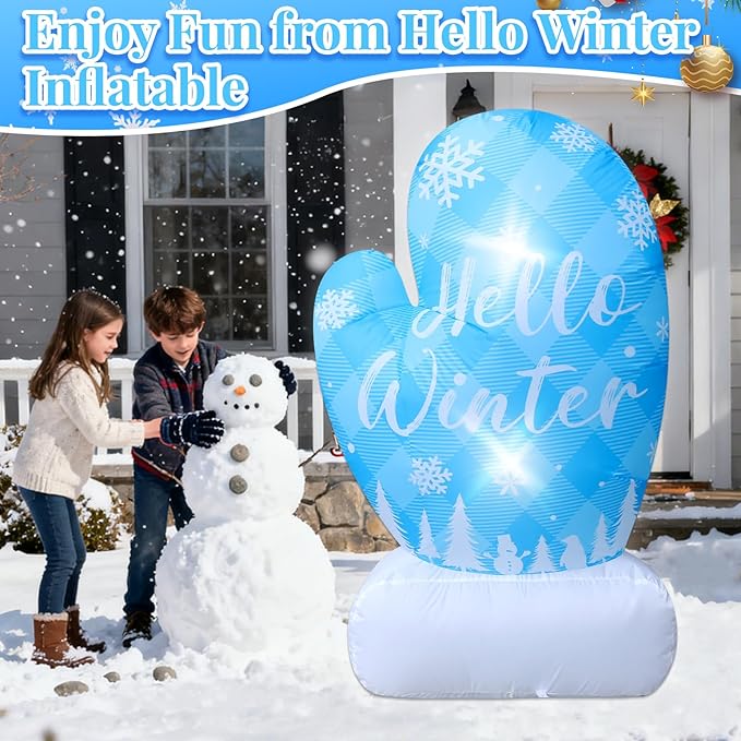 4.9FT Christmas Inflatable Snowflake Mittens Outdoor Decoration Hello Winter Sign Decor Blue Gloves Xmas Blow Up with 2 Lights for Yard Lawn Garden Winter Wonderland Frozen Birthday Party Decorations