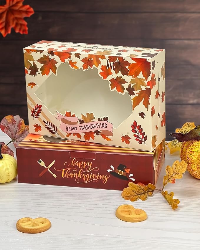 qiqee Thanksgiving Cookie Box with Window 9x6x2.5 inch 50Pcs Pastry Macaron Thanksgiving Leaves Bakery Box For Thanksgiving Day