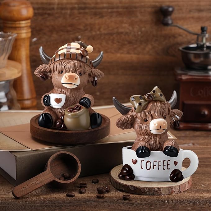 Wesiti 2 Pcs Highland Cow Figurines Coffee Highland Cow Gnomes Scottish Resin Statue Calf Lovers Gifts for Christmas Home Garden Kitchen Office Tiered Tray Table Decor