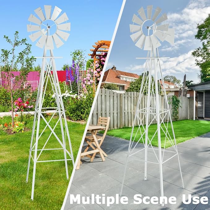8FT Windmill for Yard Garden Decoration with Weather Vanes,Heavy Duty Outdoor Wind Mills, Large Metal Outdoor Windmill,Weather Resistant,White