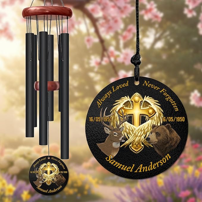 Personalized Faith & Nature Memorial Wind Chime – “Always Loved, Never Forgotten” Golden Cross with Deer & Bear – Custom Name & Dates Outdoor Sympathy Gift – Memorial Windchimes for Loss of Loved One