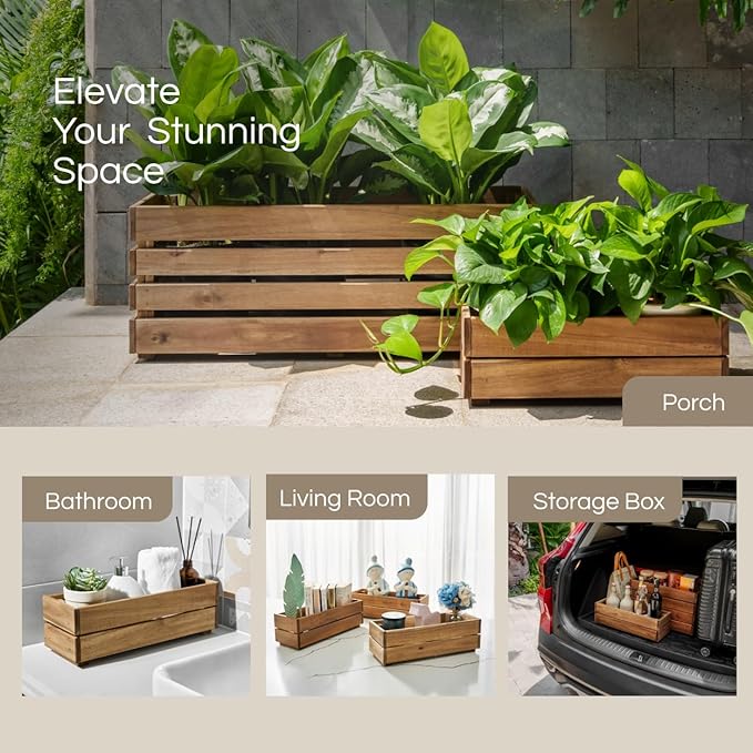 Wooden Planter Box, Storage Box 17βL x6βW x5.5βH with Crate Style, Acacia Wood Flower Container, Rustic Rectangle Planter for Planting, Decor and Storage - 3 Colors (Natural)