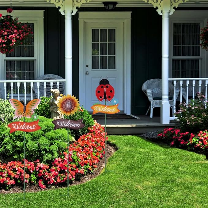 YEAHOME Garden Decor for Outside, Set of 3 Metal 33” Decorative Garden Stakes with Butterfly Ladybug Sunflower for Spring Decorations, Welcome Yard Sign Art Stakes for Outdoor Lawn Backyard Porch