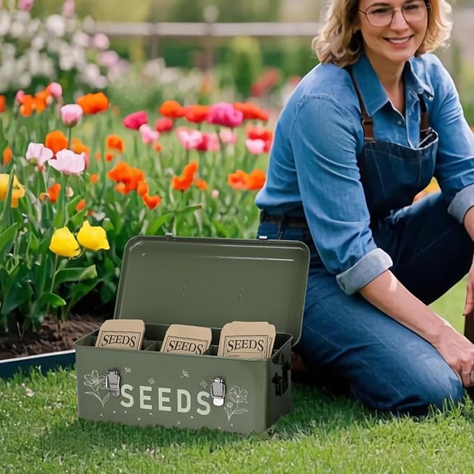 Seed Storage Organizer, Seed Saving Box with Lid, Metal Seed Bin Seed Packet Container with 100 Plant Labels 50 Seed Envelopes 50 Plant Clips 1 Marker Pen, 4 Compartments Box with Locks, Green