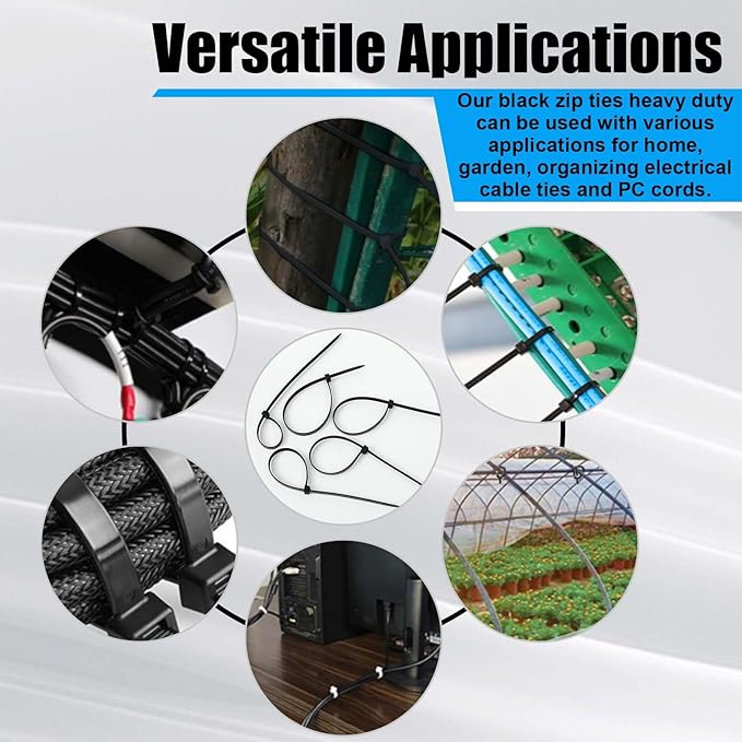 500 Pcs 8 Inch Zip Ties Heavy Duty 120 Lbs Tensile Strength Black Nylon Wire Cable Ties Bulk for Indoor Outdoor