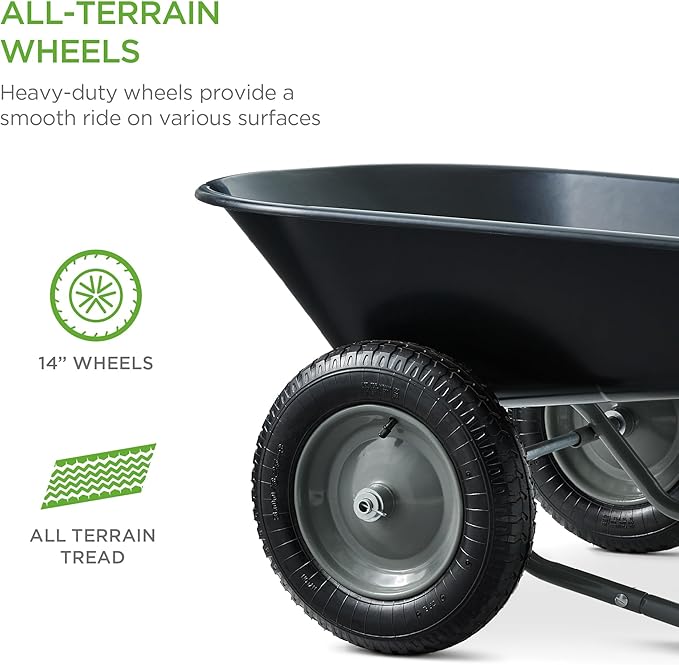 Best Choice Products Dual-Wheel Home Utility Yard Wheelbarrow Garden Cart w/Built-in Stand for Lawn, Gardening, Construction - Black