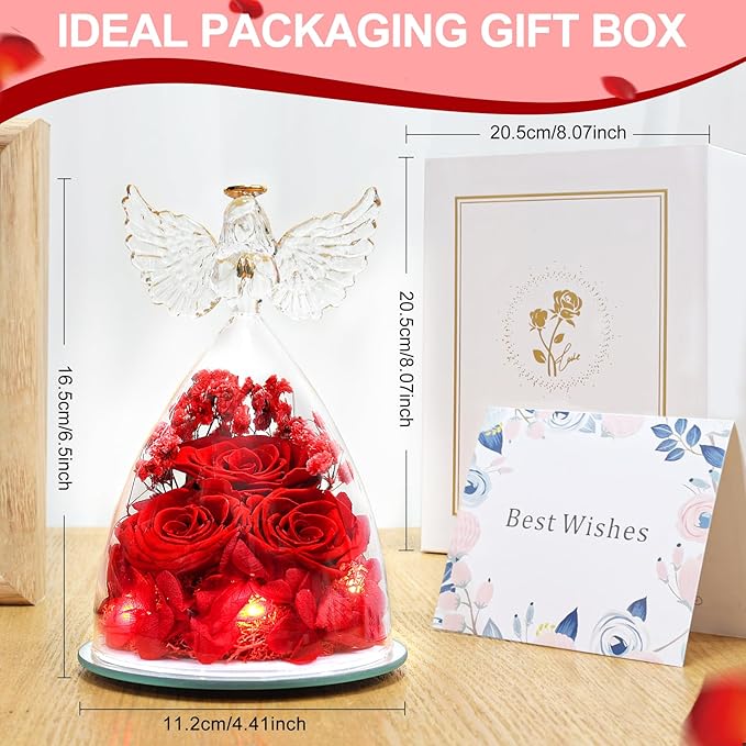 Preserved Flower Rose Gifts for Women, Forever Eternal Fresh Flowers in Glass Angel Figurines Flowers for Delivery Prime Red Roses for Grandma Mom Sister Her Wife on Mothers Day Birthday Christmas
