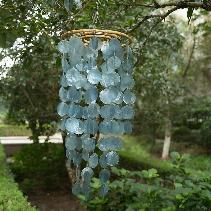 Capiz Shell Large Wind Chime for Outside Sea Glass Wind Chime Ocean/Beach Themed Chime Gift for Women Mother’s Day Decoration-Blue, 32"*11"