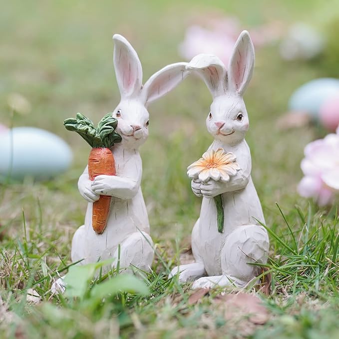 Newman House Studio Easter-Decorations Bunny-Decor Spring-Figurines Table-Centerpiece - 2PC Spring Decorations Resin Rabbits with Carrot and Flower Tabletop Ornaments for Home Farmhouse 4.5H inch