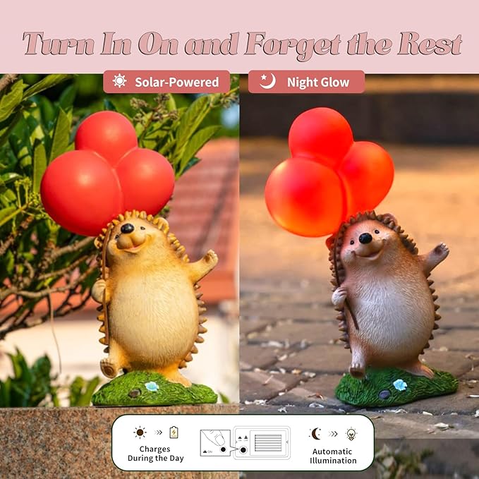 WHIMSYNOOK Hedgehog Figurine with Balloon – Solar LED Garden Statue & Whimsical Gift Décor, 10.4" Resin Cute Animal Light for Porch, Lawn, Yard, Housewarming, or Birthday