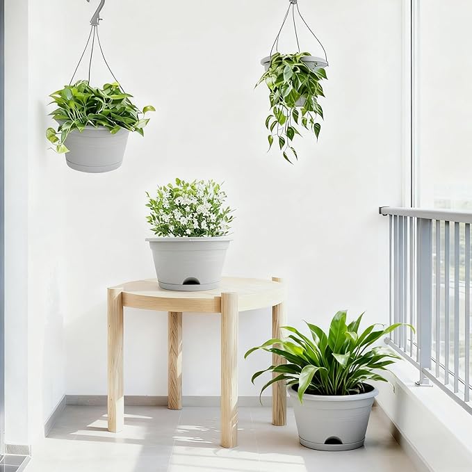 10 Inch Hanging Planters for Indoor Outdoor Plants, 4 Pack Hanging Plant Pots with Removable Chain & Drainage Trays, Lightweight Plastic Flower Pots for Home Garden Decor (Grey)