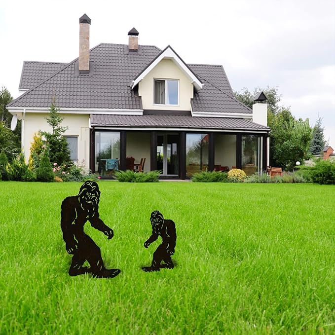 TT & MM Christmas Bigfoot Yard Decor Metal Garden Stakes,Set of 2 Big Foot Sasquatch Gifts for Men/Women,Outdoor Bigfoot Silhouette Statues for Yard Art,Patio,Lawn - 15.7”H x 8.3”W & 7.8”H x 4.1”W