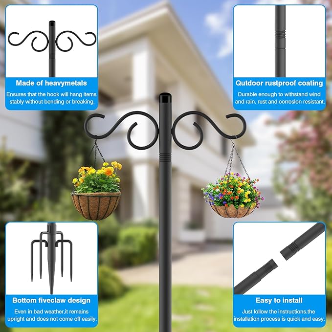 Adjustable Shepherd Hooks for Outdoor,3 Pack 90 Inch 5 Prong Base Bird Two Sided Feeder Poles,Heavy Duty Shepherds Hook,Suitable for Garden in Hanging Flower Basket,Lantern,Bird Nests