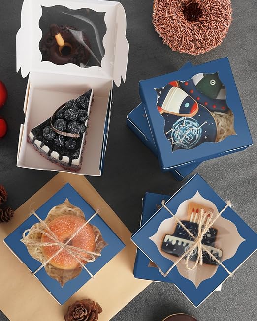 qiqee Blackish Blue Bakery Box with Window 4x4x2.5 inch 30Packs Macaron Boxes Small Donut Pastry Boxes for Party Mini Cookie Boxes