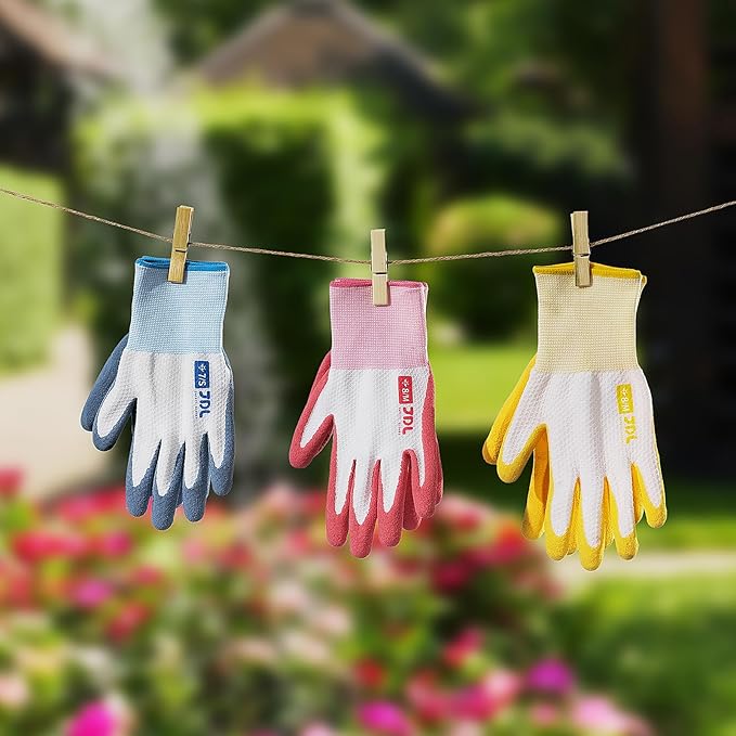 JDL Gardening Gloves for Women, 2 Pairs Breathable Latex Coated Yard Garden Gloves, Rubber Outdoor Protective Work Gloves with Grip, Yellow, Large Size