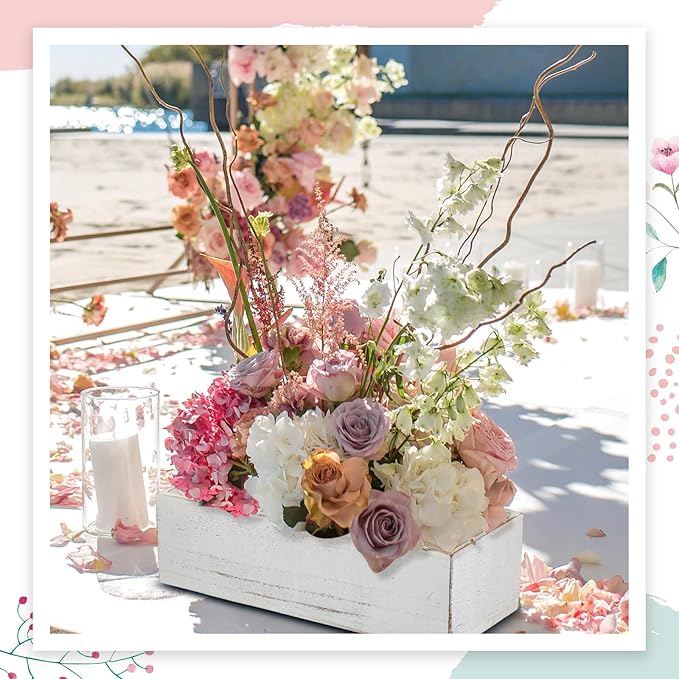 Dandat 4 Set Wood Boxes for Centerpieces 12x4 Inch Rectangle Wooden Planter Box Rustic Wooden Planters with Removable Plastic Liner Floral Foam Blocks for Christmas Wedding Home Garden Decor