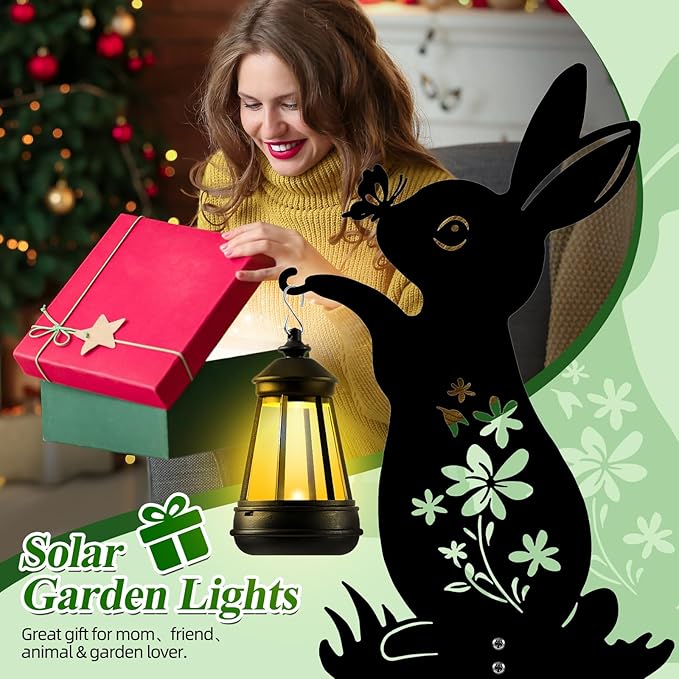 Bunny Solar Garden Stakes, Rabbit Silhouette Decorative with Solar Lantern, Metal Garden Decor for Yard,Lawn,Pathway