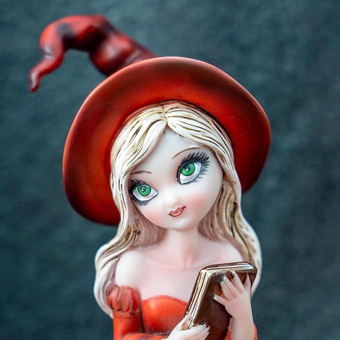 WingsHalloween Witch Resin Statue - Handheld Book Ornament (Red Hat and Red Dress) Living Room Bookshelf Magic Theme Home Decoration Birthday Gift Festival Party