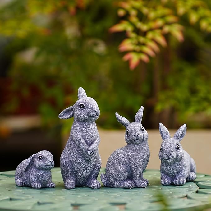 Bunny Garden Decor Outdoor Statues: Rabbit Figurines for Easter Ornaments Patio Lawn Office Decorations Indoor Accessories (4 Pack) - Gifts for Mom Grandma