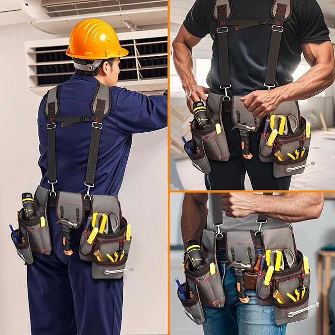 Tool Belt With Suspenders, Professional Tool Belt for Men, Magnetic Tool Belts With Suspenders, 18 Pockets Heavy Duty Detachable Adjustable Tool Belts for Electrician, Carpenter (Grey, 32''-66'')