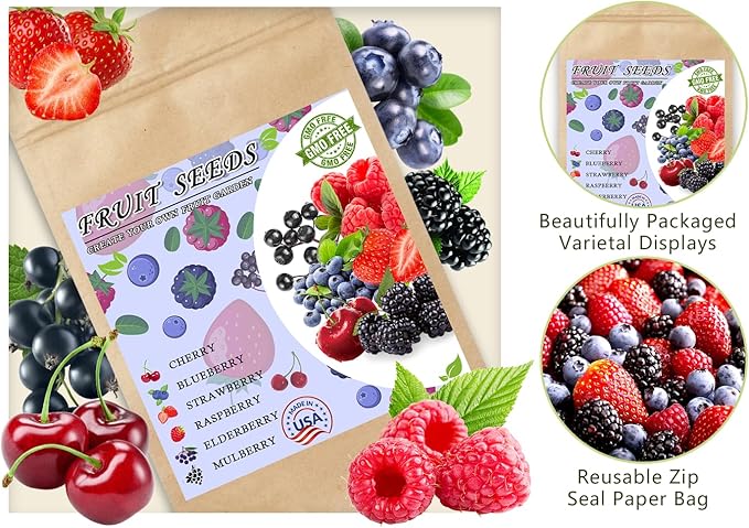 1000pcs Mix Fruit Seeds Berry Seeds for Planting Strawberry Raspberry Mulberry Blueberry Elderberry Cherry 6 Varieties Individually Packaged for Home Garden